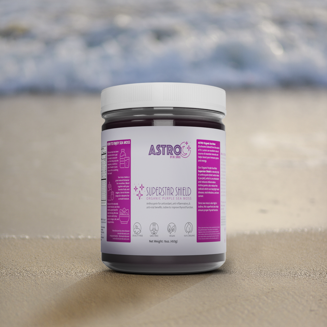 Astro Brand Star Shield Purple Sea Moss Gel 16oz. on beach background