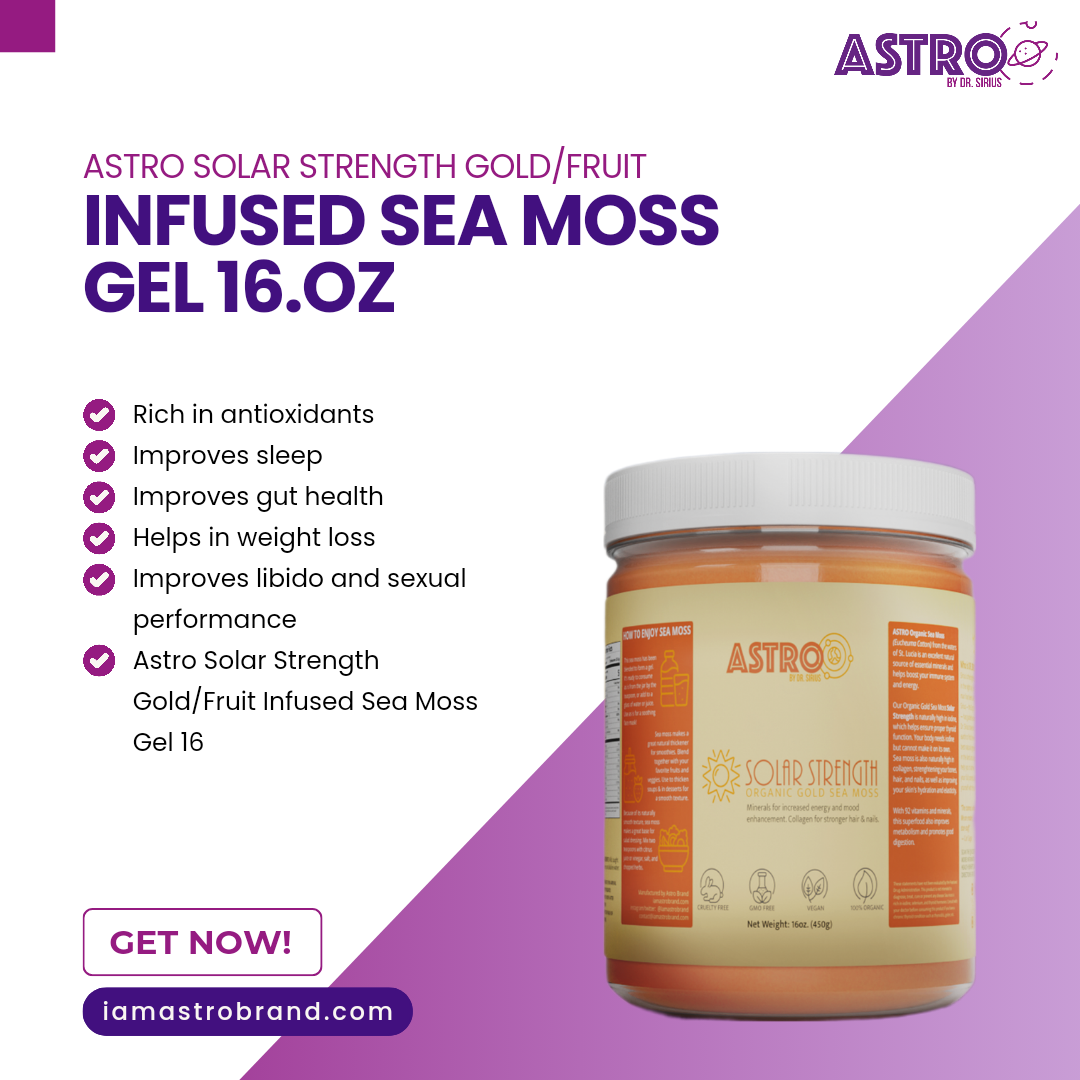 Astro Brand Solar Strength Gold Sea Moss Gel 16oz in a clear jar with a white lid, featuring a colorful label with health ...