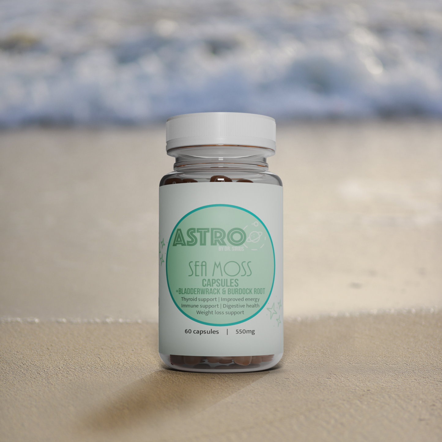 Astro Brand Sea Moss Capsules bottle with bladderwrack and burdock root blend for vegan wellness supplement