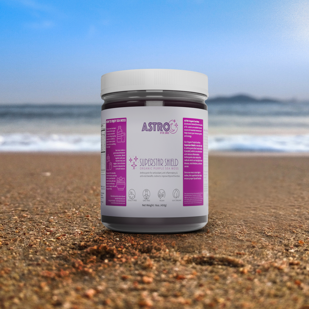 Star Shield Purple Sea Moss Gel 16oz jar on beach background.