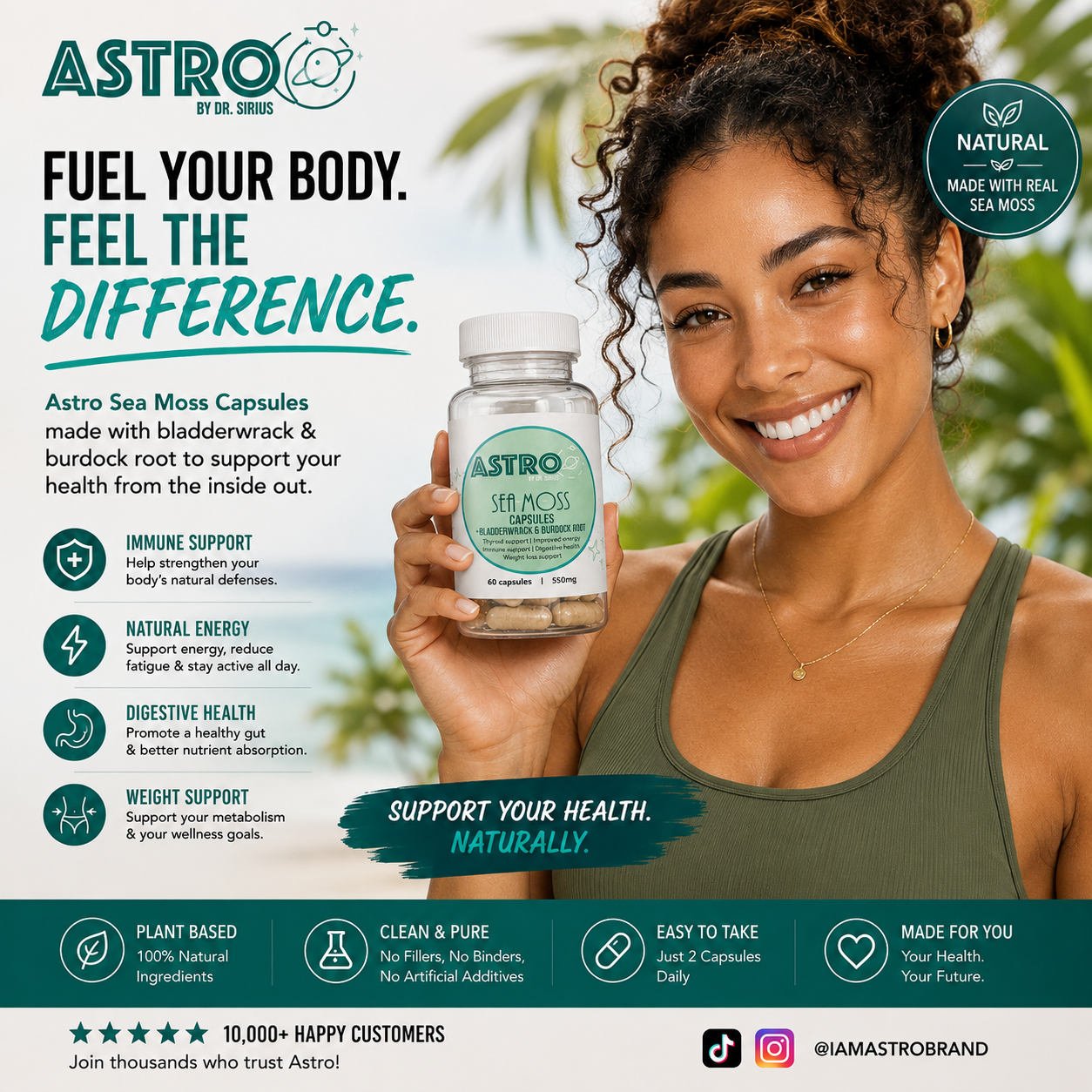 Astro Brand Sea Moss Capsules bottle with Bladderwrack and Burdock Root blend for vegan supplement