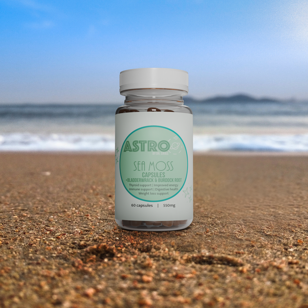 Astro Brand Sea Moss Capsules bottle with Bladderwrack and Burdock Root vegan supplements