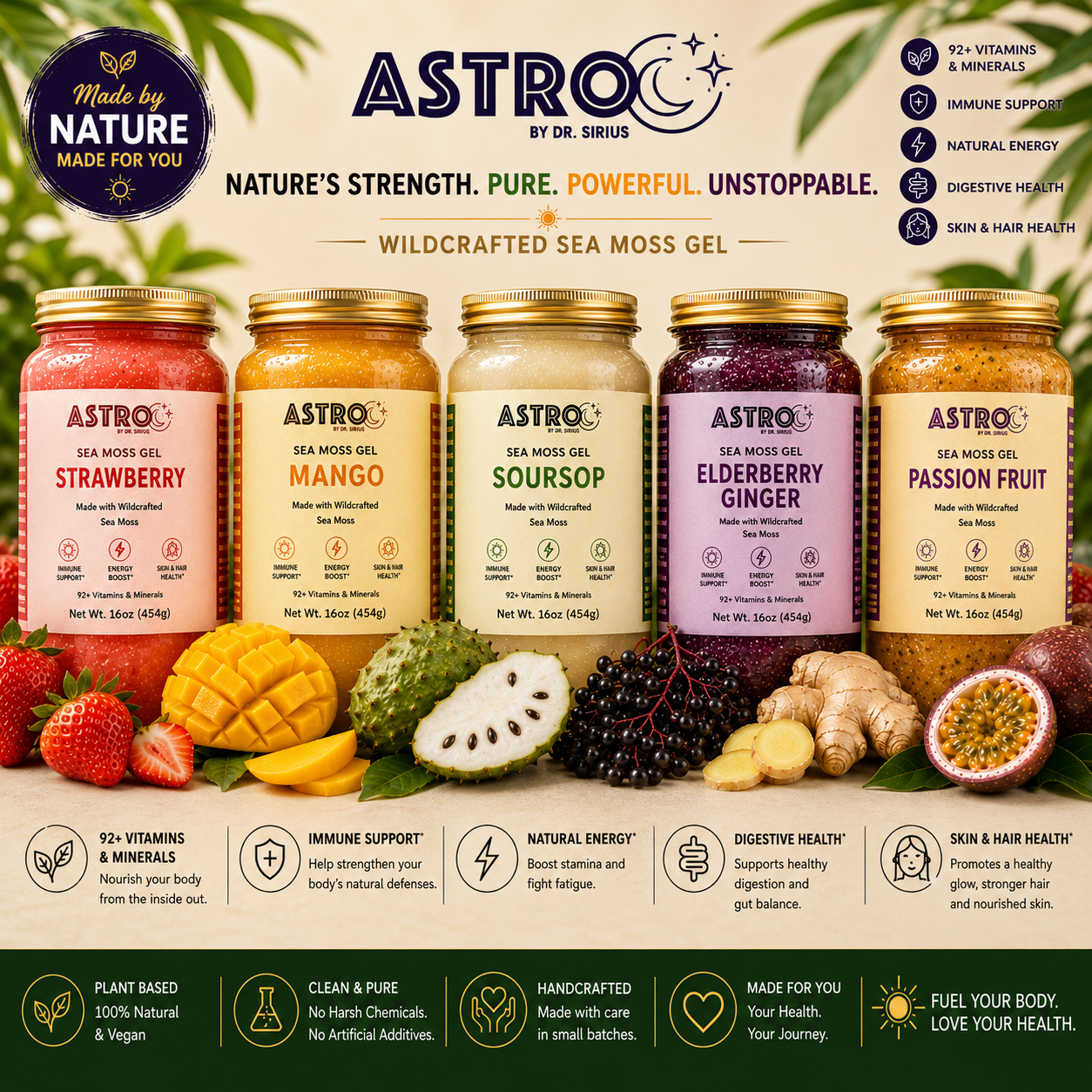 Astro brand fruit infused sea moss gel jar with natural ingredients and herbs