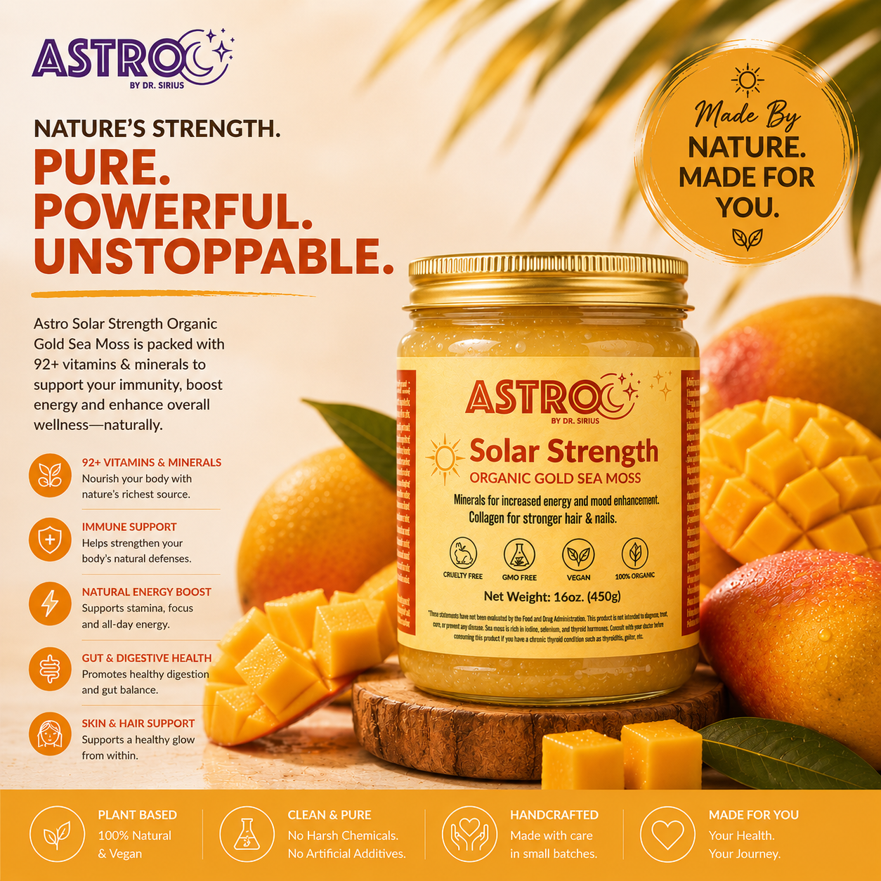 Jar of Astro brand fruit infused sea moss gel with herbs and honey