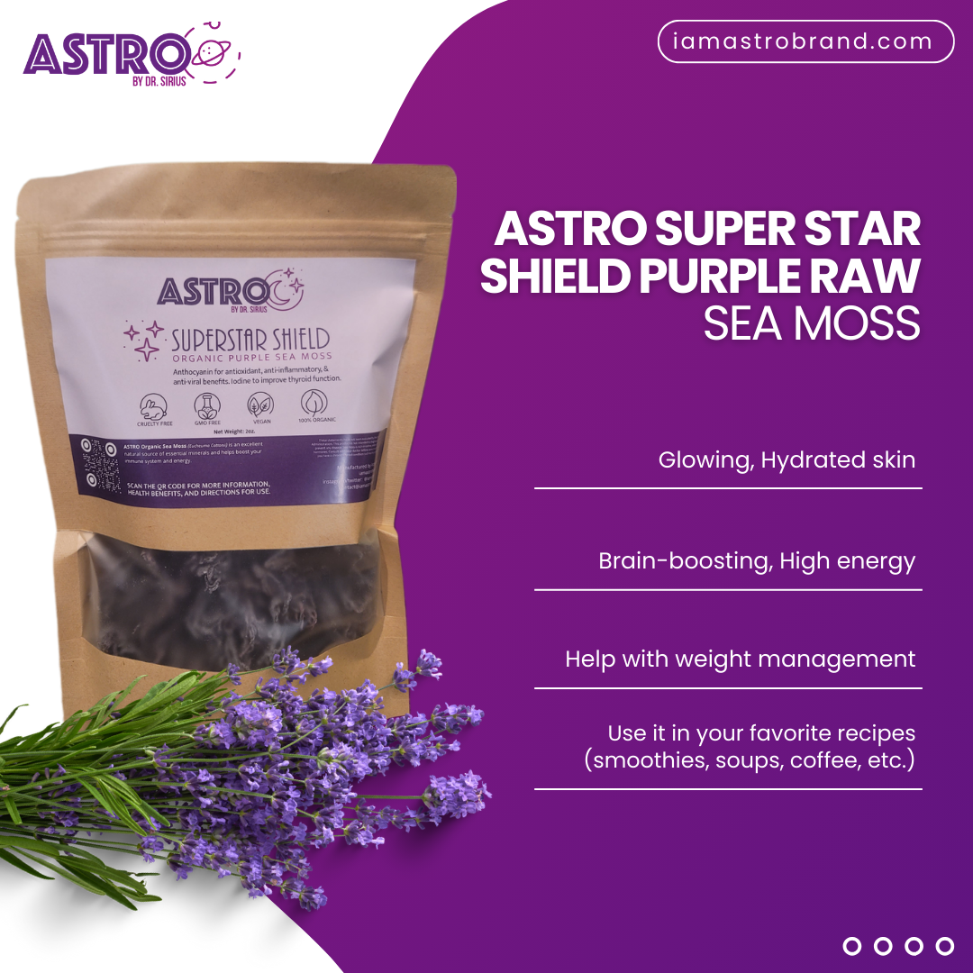 purple raw sea moss packaging with purple background and lavender flowers