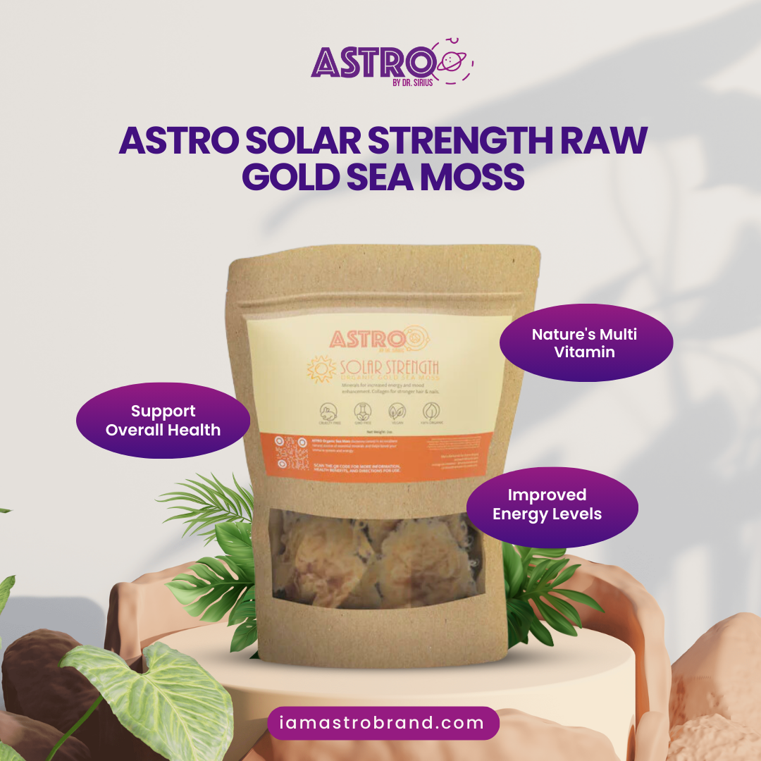 Astro Solar Strength Raw Gold Sea Moss packaging with features promoting overall health, energy levels, and natural multivitamin benefits.