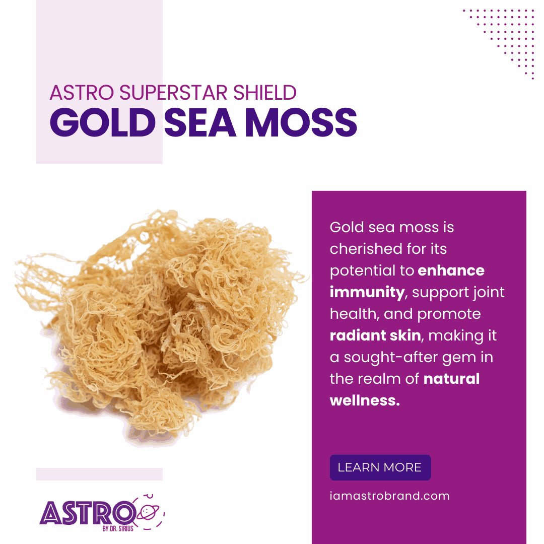Astro Solar Strength Raw Gold Sea Moss packaging with sea moss image highlights its natural wellness benefits.