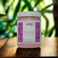 Astro Brand Star Shield Purple Sea Moss Gel 16oz jar on a wooden surface with a nature background.