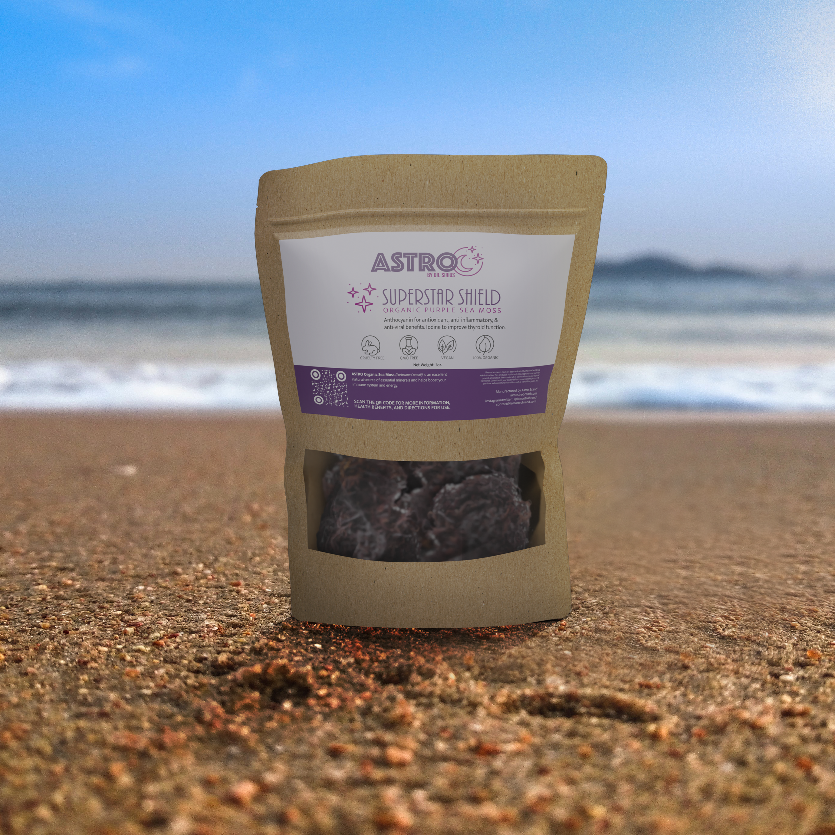 Purple Raw Sea Moss Super Star Shield on Beach Background