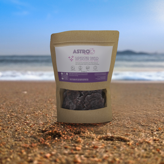 Purple Raw Sea Moss Super Star Shield on Beach Background