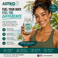 Astro Brand Sea Moss Capsules bottle with Bladderwrack and Burdock Root blend for vegan supplement