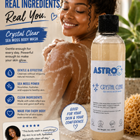 Astro Body Wash bottle with sea moss and natural ingredients on a wooden surface