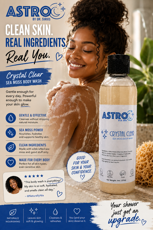 Astro Body Wash bottle with sea moss and natural ingredients on a wooden surface