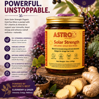 Jar of Astro brand fruit infused sea moss gel with natural ingredients and vibrant colors