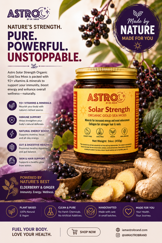Jar of Astro brand fruit infused sea moss gel with natural ingredients and vibrant colors