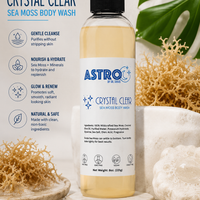 Astro Body Wash Sea Moss Body Wash bottle with natural ingredients background