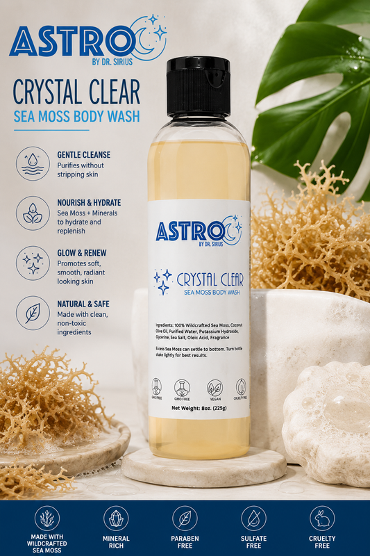 Astro Body Wash Sea Moss Body Wash bottle with natural ingredients background