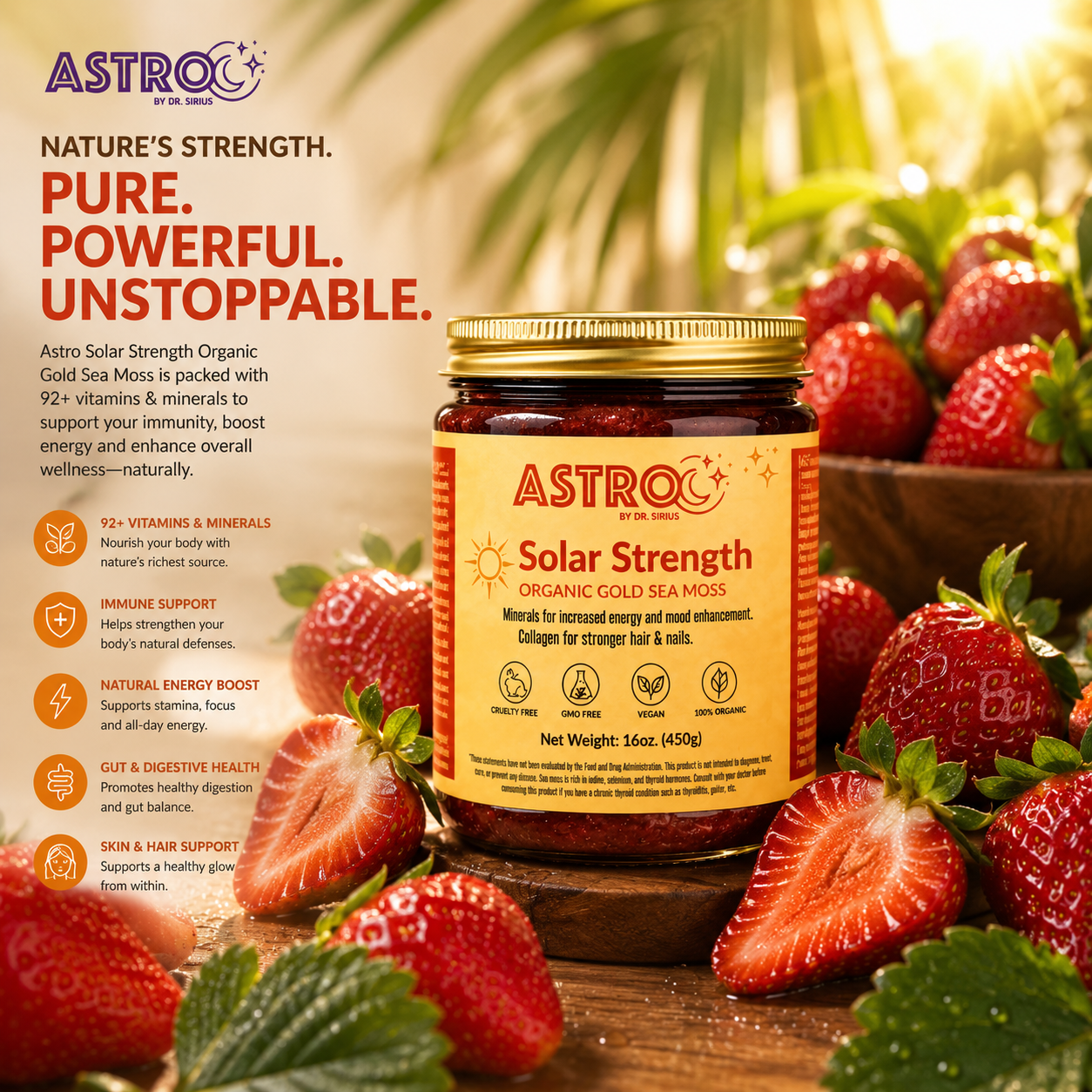 Jar of Astro Brand fruit infused sea moss gel with natural herbs and fruits