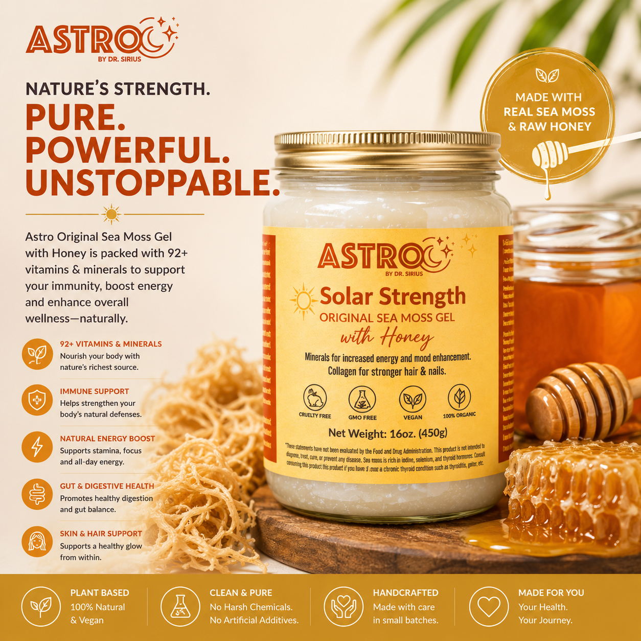 Astro Brand Solar Strength Gold Sea Moss Gel 16oz container with natural sea moss supplement