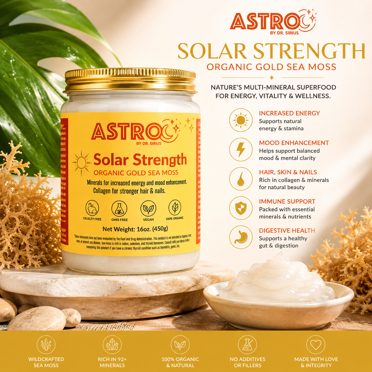 Astro Brand Solar Strength Gold Sea Moss Gel 16oz container, natural organic sea moss supplement