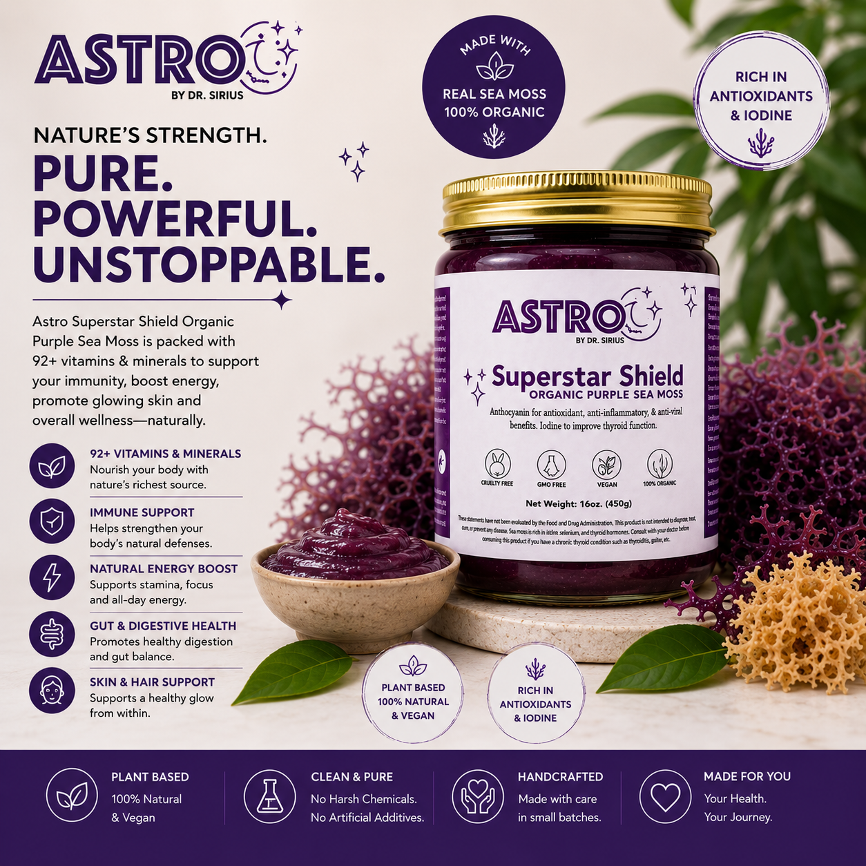Astro Brand Star Shield Purple Sea Moss Gel 16oz jar with organic sea moss superfood supplement