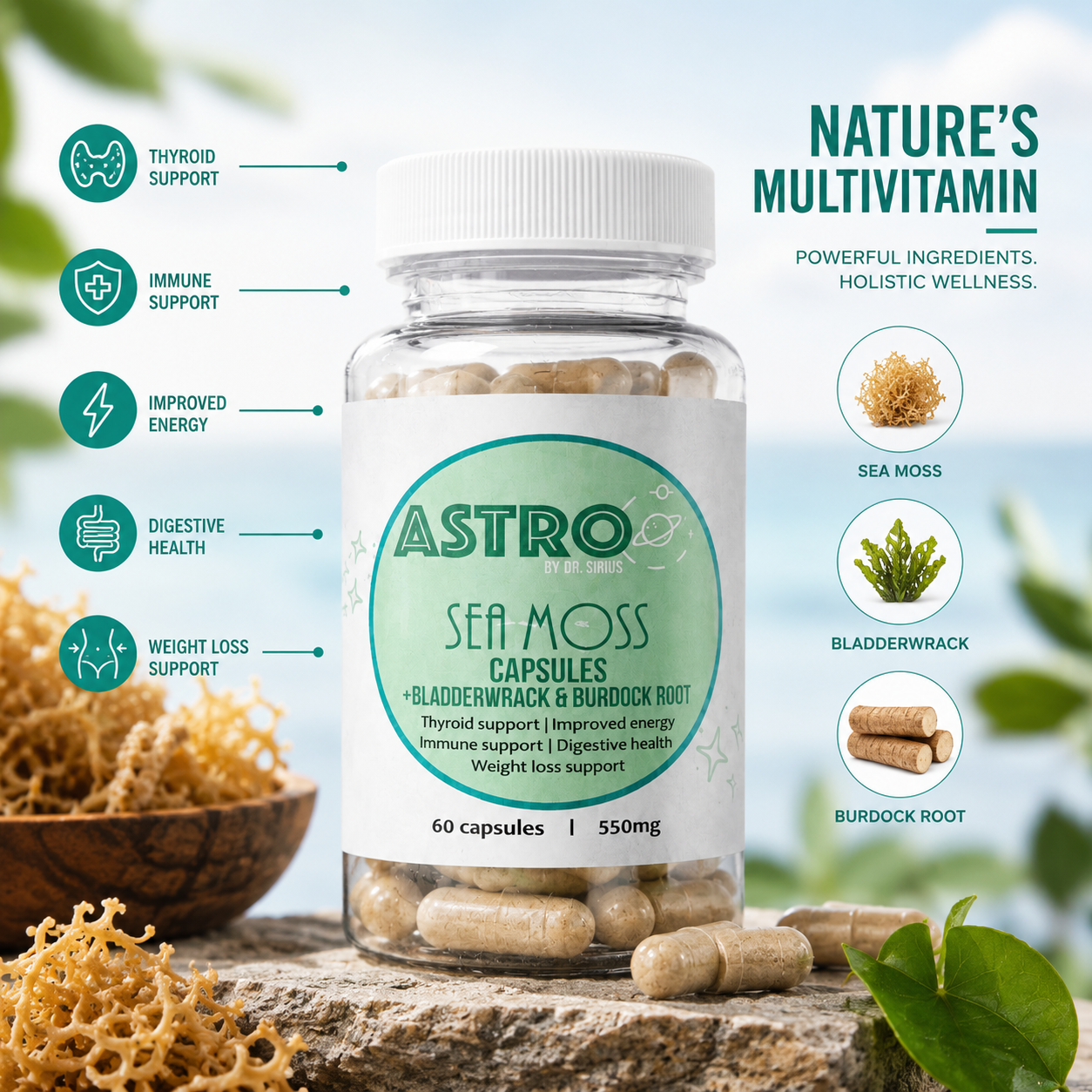 Astro Brand Sea Moss Capsules bottle with Bladderwrack and Burdock Root vegan supplement