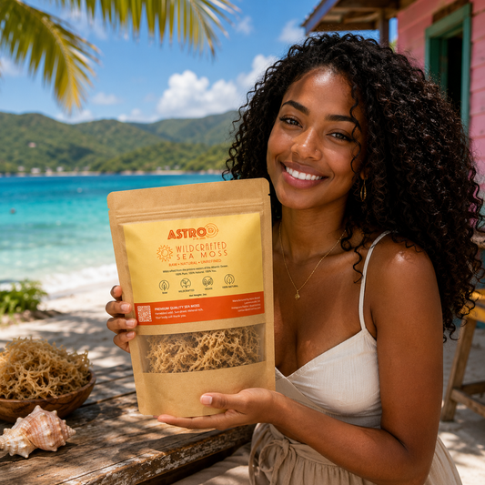 Astro Solar Strength raw gold sea moss gel in jar with Caribbean ocean background