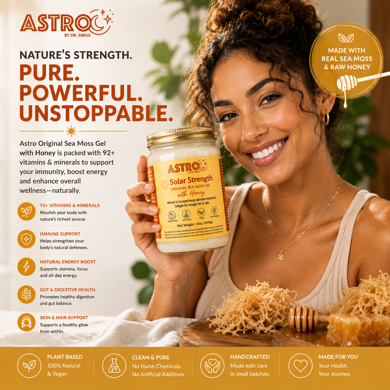 Astro Brand Solar Strength Gold Sea Moss Gel 16oz jar of organic superfood supplement rich in vitamins and minerals