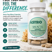 Astro Brand Sea Moss Capsules bottle with Bladderwrack and Burdock Root vegan supplement capsules