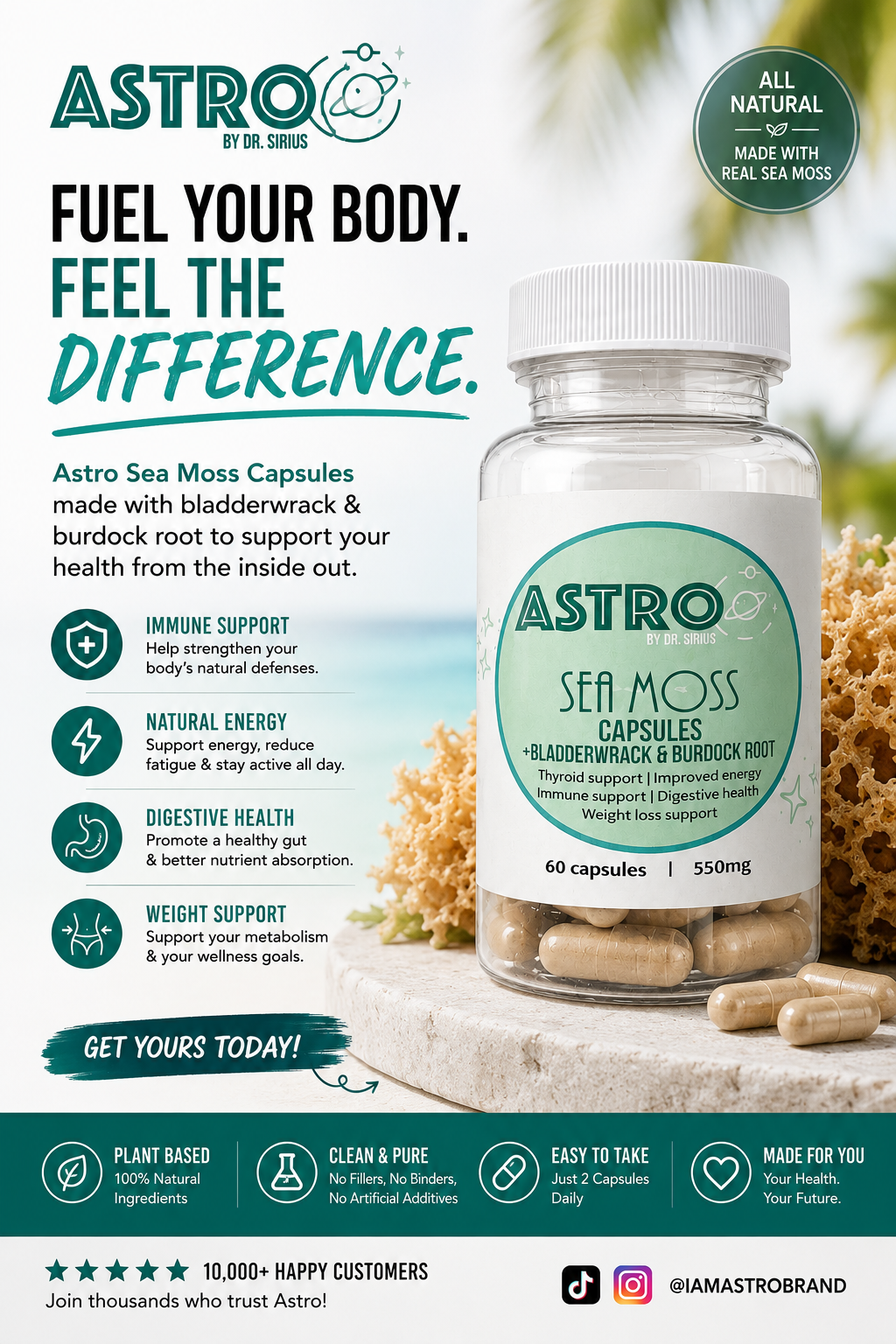 Astro Brand Sea Moss Capsules bottle with Bladderwrack and Burdock Root vegan supplement capsules