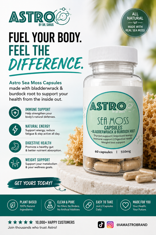 Astro Brand Sea Moss Capsules bottle with Bladderwrack and Burdock Root vegan supplement capsules