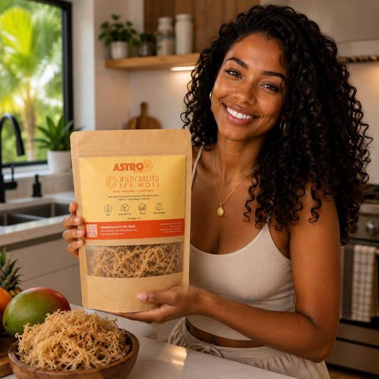 Jar of Astro Solar Strength raw gold sea moss gel from the Caribbean, showcasing natural ocean vitality and wellness benefits